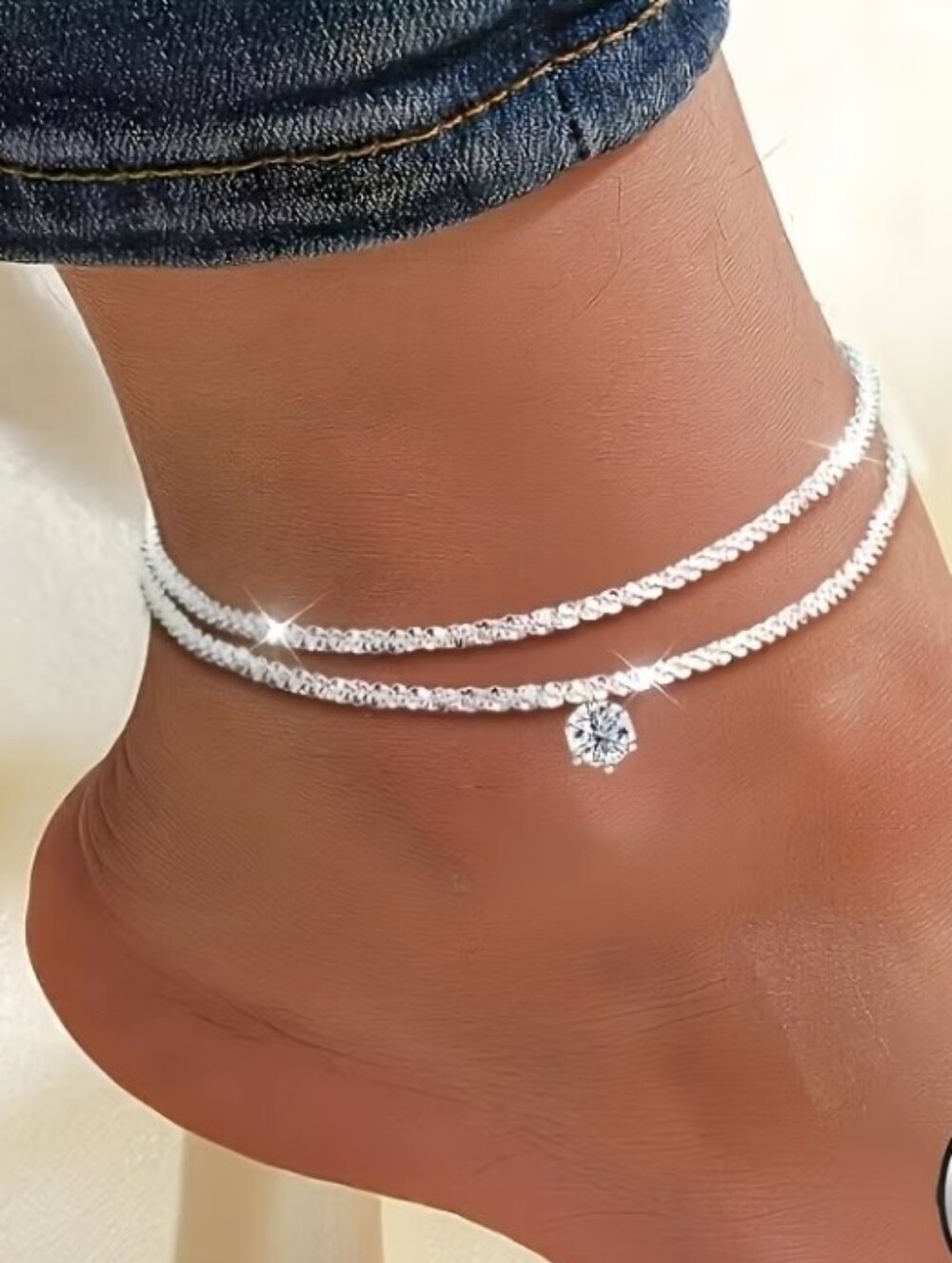 B2G1F Silver Double-Layer Anklet with Clear Crystal Charm, 2 Pieces